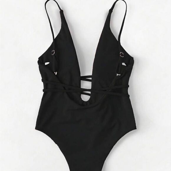 Plunge higg waisted black swim/bathing suit & neon pom pom fringe boho coverup - Picture 3 of 11